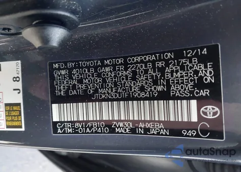 2015 Toyota Prius Two from USA, damaged, VIN JTDKN3DU1F1908419